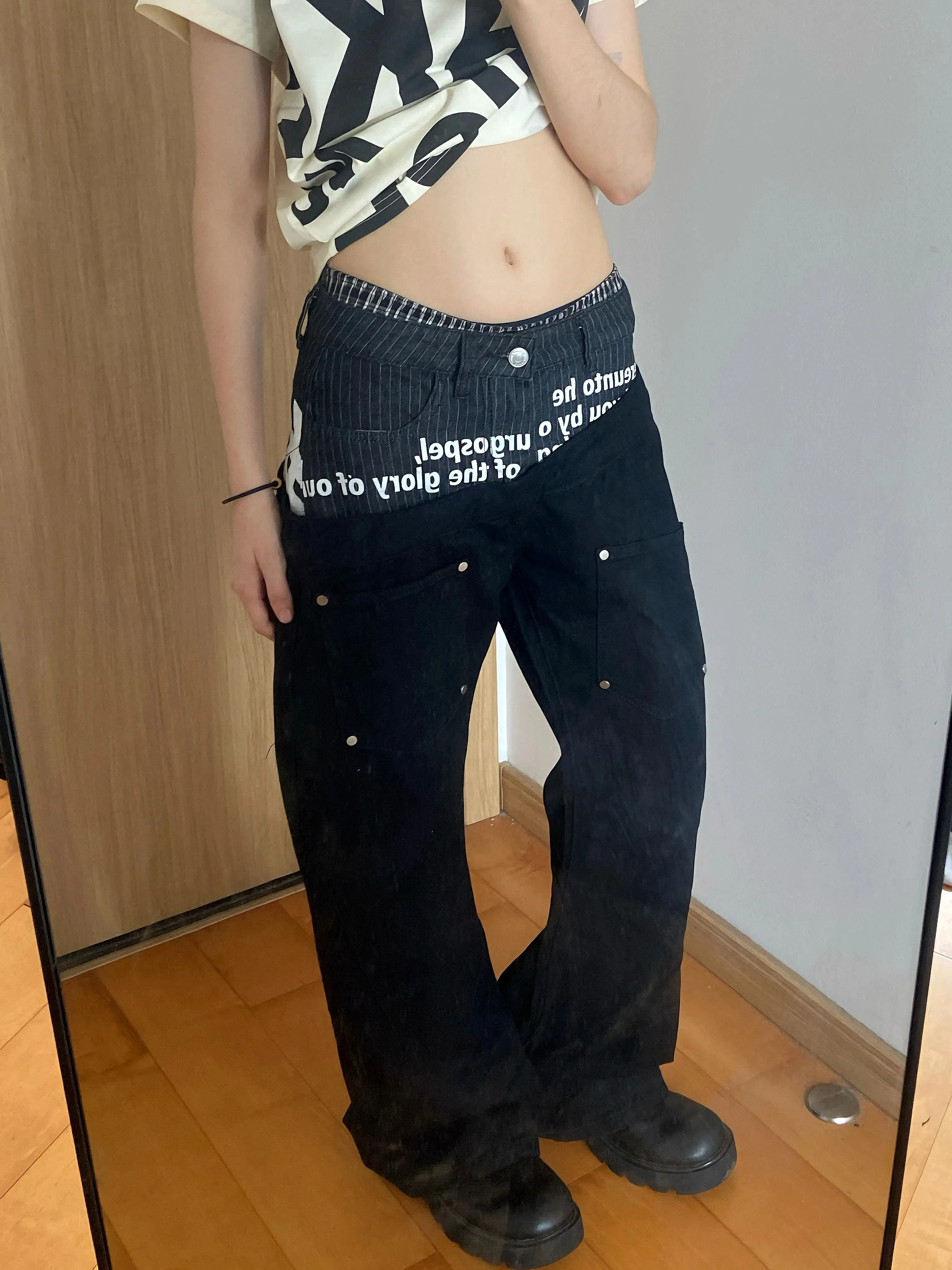 Calças Jeans Pretas Americanas Retrô com Patchwork e Estampa de Letras na Cintura, Unissex, Novidade de Outono, Modelagem Sli...
