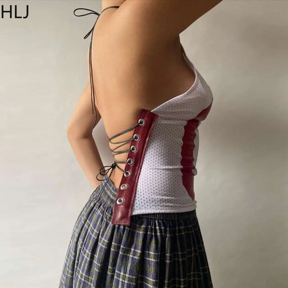HLJ Y2k Sexy 2 Piece Sets Women Outfit Mesh Halter Bandage Backless Crop Tops and Camouflage Skirt Suits Female Streetwear New