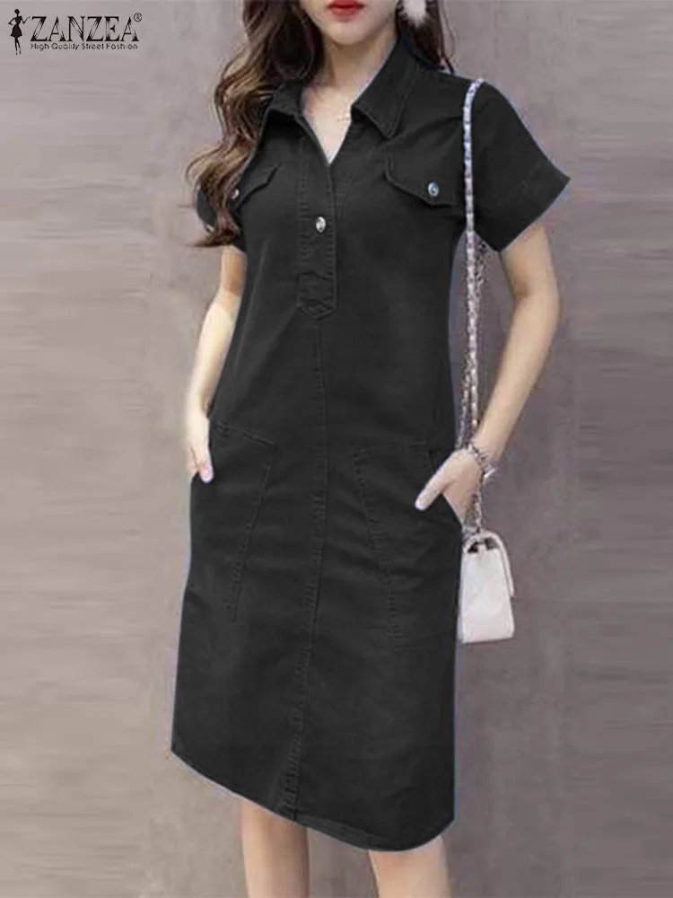 Summer Lapel Neck Short Sleeve Shirt Dress 2024 ZANZEA Women Fashion Denim Blue Sundress Casual Solid Work Vestido Robe Femme