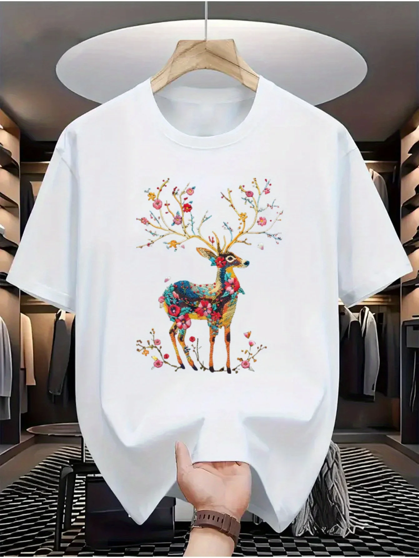 

Мужская повседневная футболка из 100% хлопка с ярким оленем и цветочной вышивкой — короткий рукав, круглый вырез, удобный крой, идеально подходит для Al
