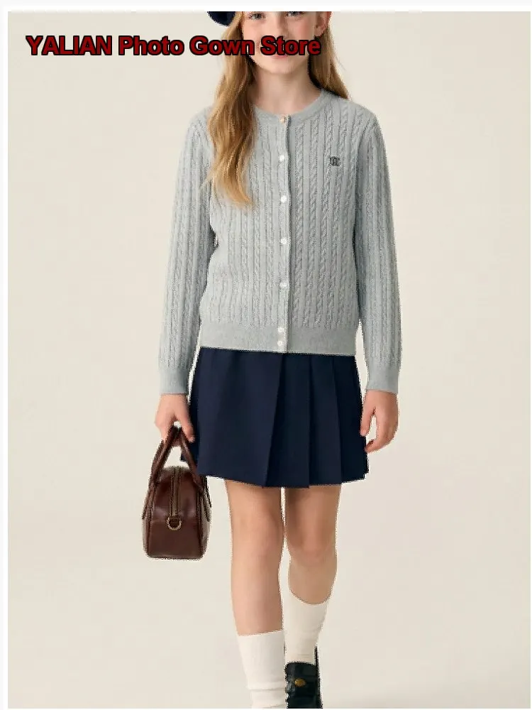 Girls Knit Cardigan Kids Spring Autumn Round Neck Knit Top Solid Color Cable Knit