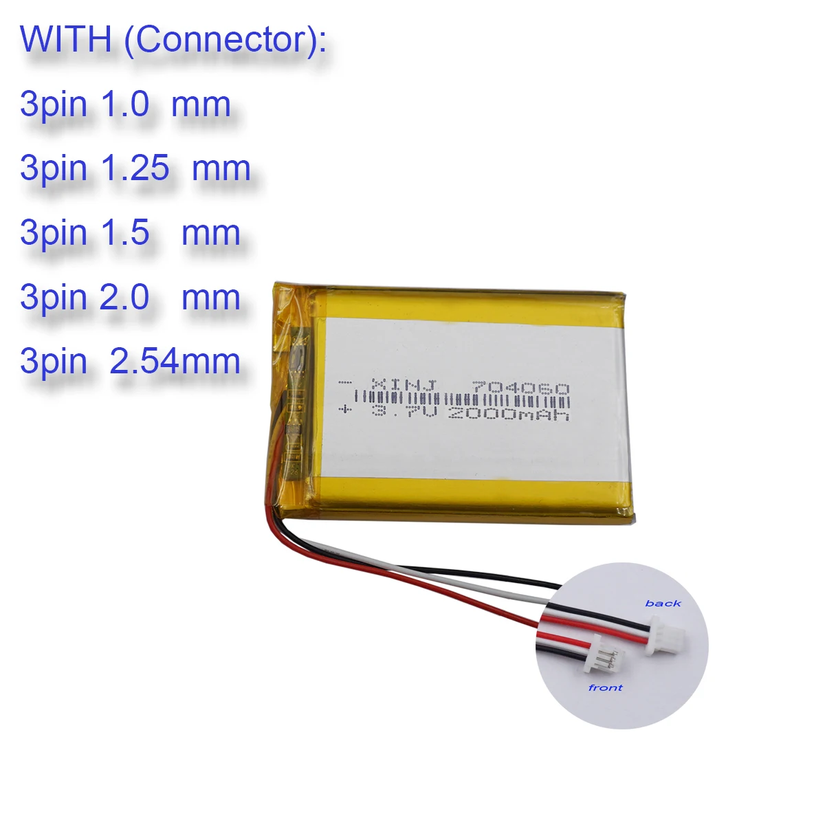 3.7V 2000mAh 7.4Wh Rechargeable Li-polymer Li Lithium Battery 704060 JST 3Pin 1.0 1.25 1.5 2.54 Connector 3-Wires Thermistor