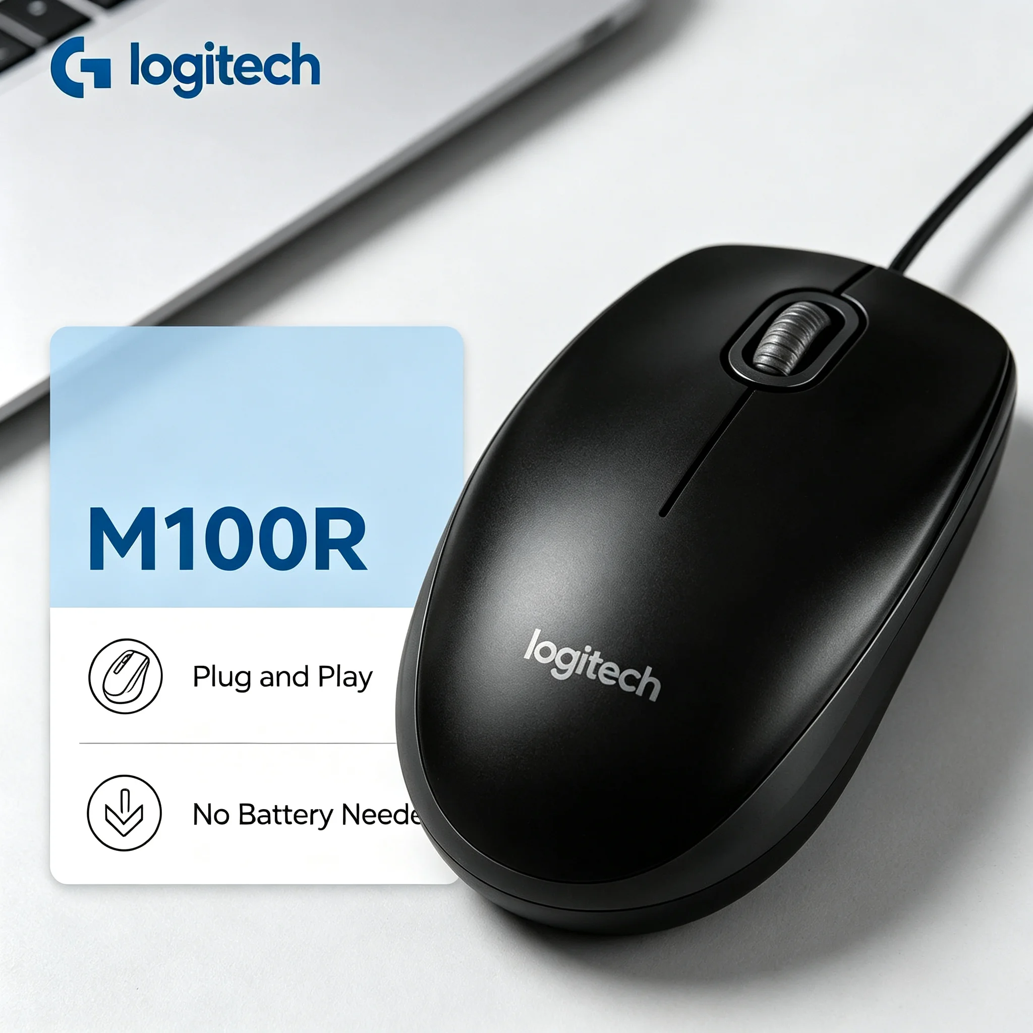 Logitech M100R Wired Office Mouse Comfortable Quiet Click USB Computer Mice