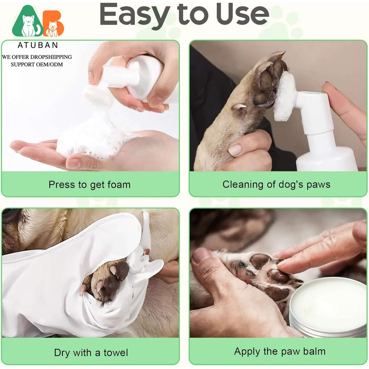 강아지 발 관리 키트, 물 없이 사용하는 폼 강아지 발 세정제와 실리콘 브러시&자연산 무해한 강아지 발밤으로 건조하고 갈라진 발과 코를 치료