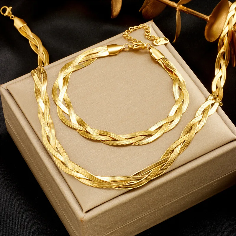 Unique Tri Color Handwoven Titanium Steel Bracelet Necklace and Collar Chain Set with Small Design