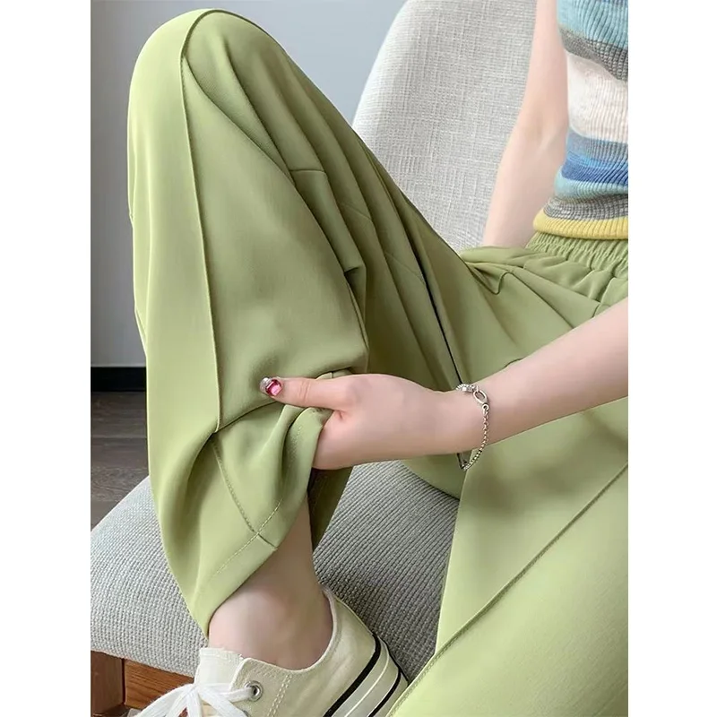 Summer Thin Ice Floss Pleated Pea Green Wide Leg Trousers Women Fashion Korean Elastic High Waist Drape Mop Straight Pants