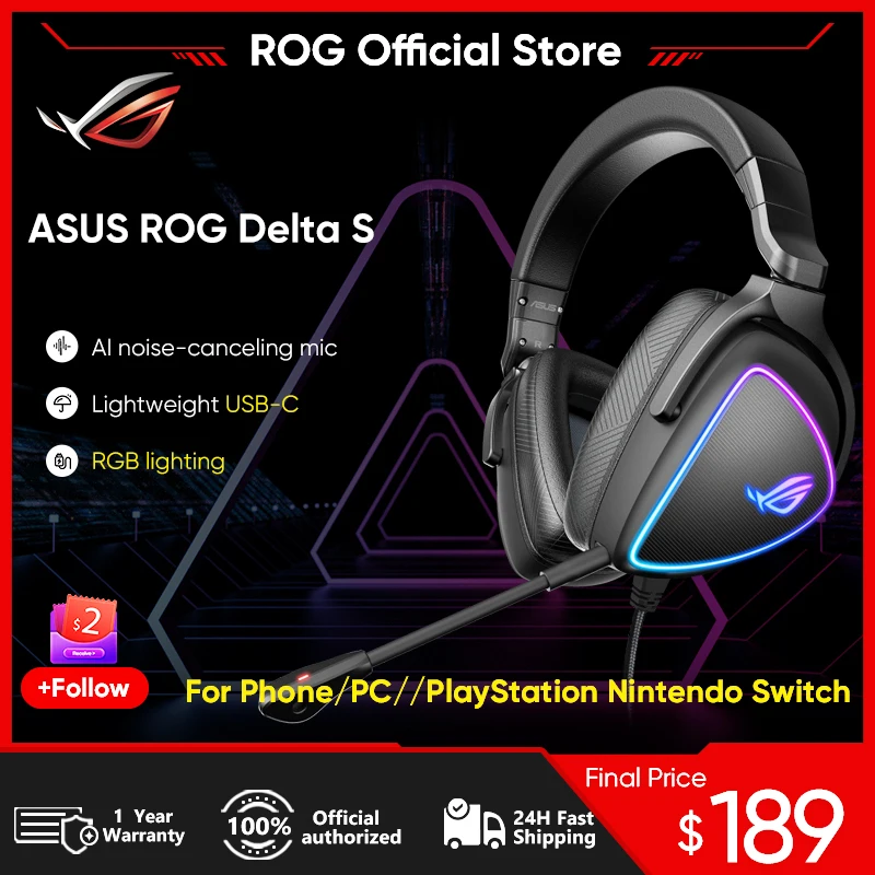 

ASUS ROG Delta S Gaming Headphones With Mic Noise Cancelling Stereo Sound Earphones for Phone/PC//PlayStation Nintendo Switch