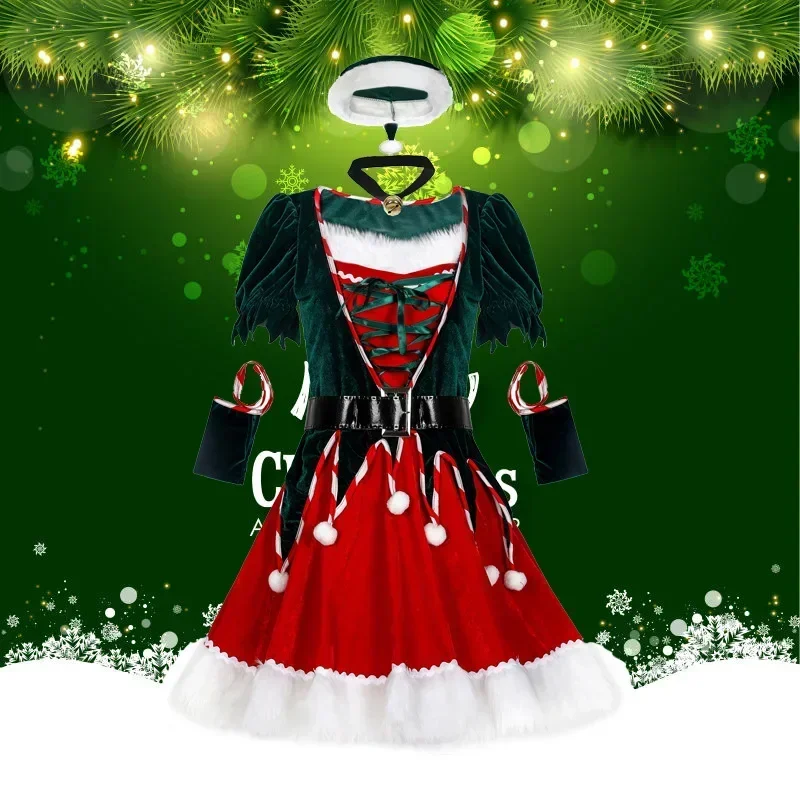 Забавный зеленый эльф, косплей, рождественская вечеринка, новогоднее нарядное платье, женский рождественский костюм Санта-Клауса, комплект одежды из 6 предметов для взрослых