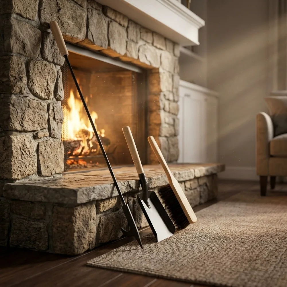 Functional 3 Piece Fireplace Tool Set with Fire Hook Shovel and Dust Brush for Regular Fireplace Upkeep and Safety