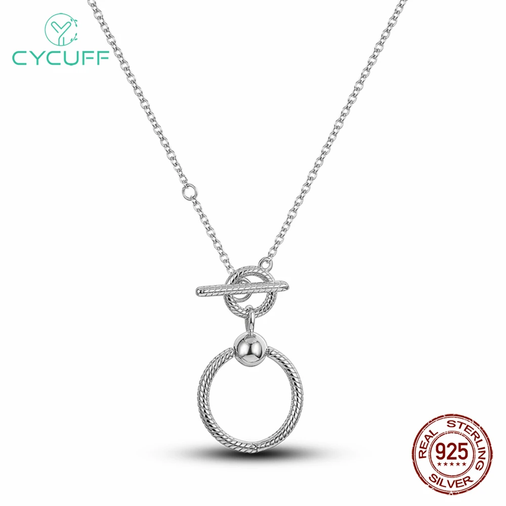 CYCUFF Real 925 Sterling Silver Necklace O-shaped Pendant T-clasp Necklace For Women Wedding Party Birthday Gift Silver Jewelry