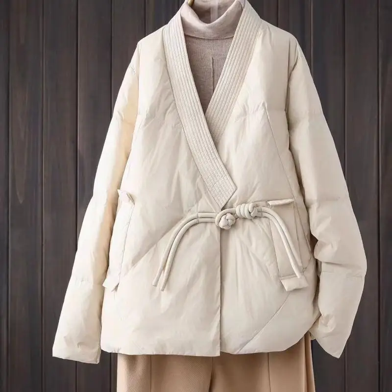 

Осенне-зимняя женская пуховая куртка с V-образным вырезом в стиле ретро, оверсайз