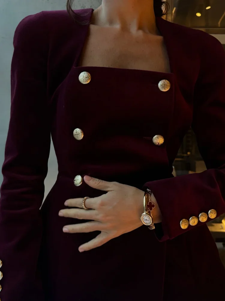 Elegant Burgundy Velvet Square Neck Shirt Pant Set Fashion Square Neck Metal Buttons Slim Long Sleeve Tops Short Pants Suit