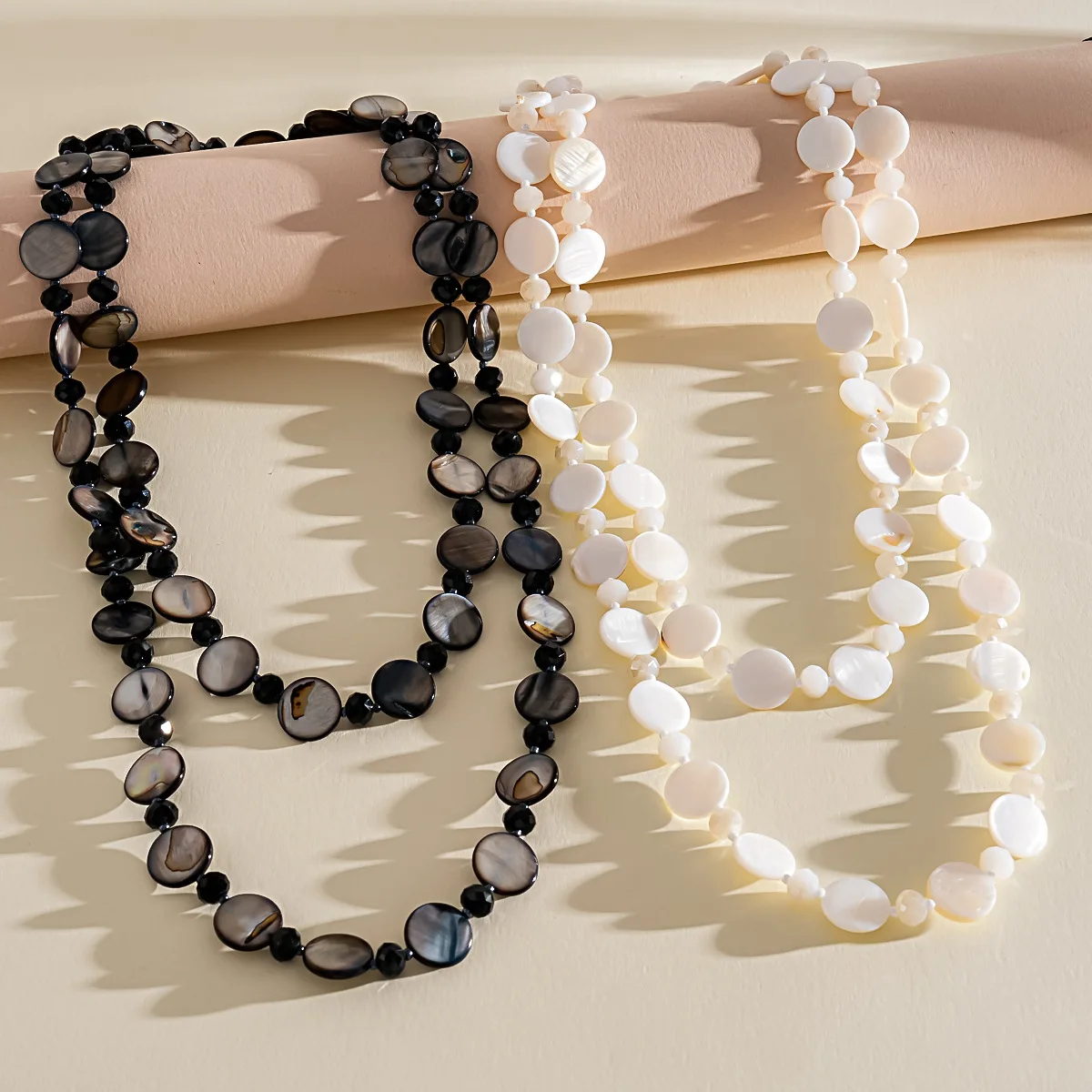 Europe and America Round Shell Bead Necklace Sense of Advanced Glass Bead Long Necklace for Women Dating Gathering Wear C+