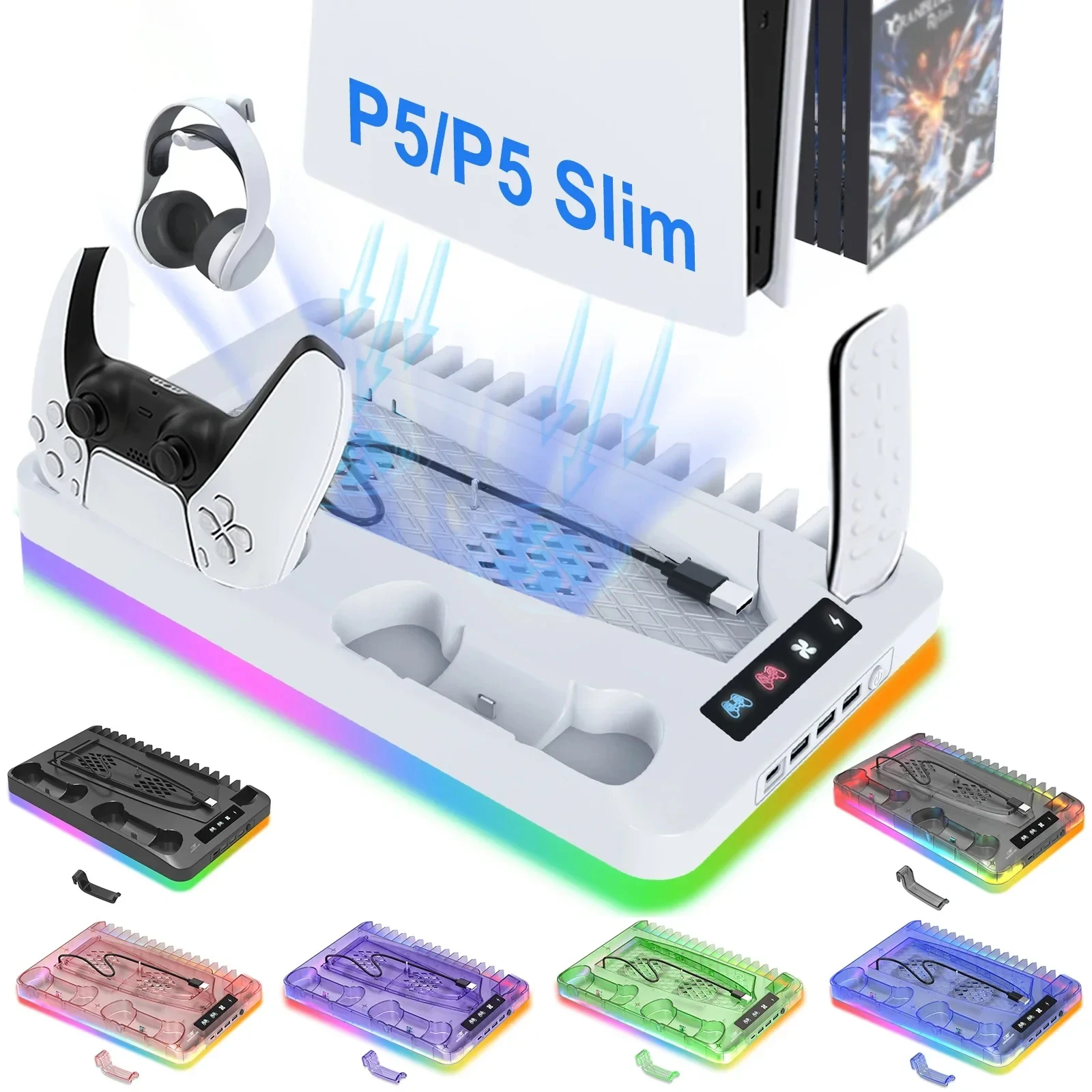 

PS5slim Multi-functional Cooling Dock PS5PROTAL Streamer PS5 Grip Charging Dock with RGB Lights Extends 3 USB 2.0 Ports