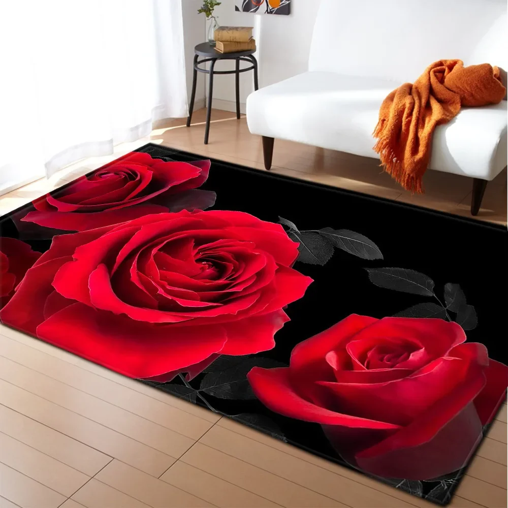 3D Print Large Carpet Red Rose Floral Mat Soft Flannel Kids Play Area Anti-Slip Rugs for Living Room Home Decor Parlor Floor Mat