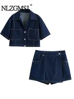 Nlzgmsj Conjuntos informales de verano para mujer, minifalda y pantalones cortos a la moda, conjuntos de camisa corta vaquera, conjuntos superiores para mujer, traje de calle para mujer