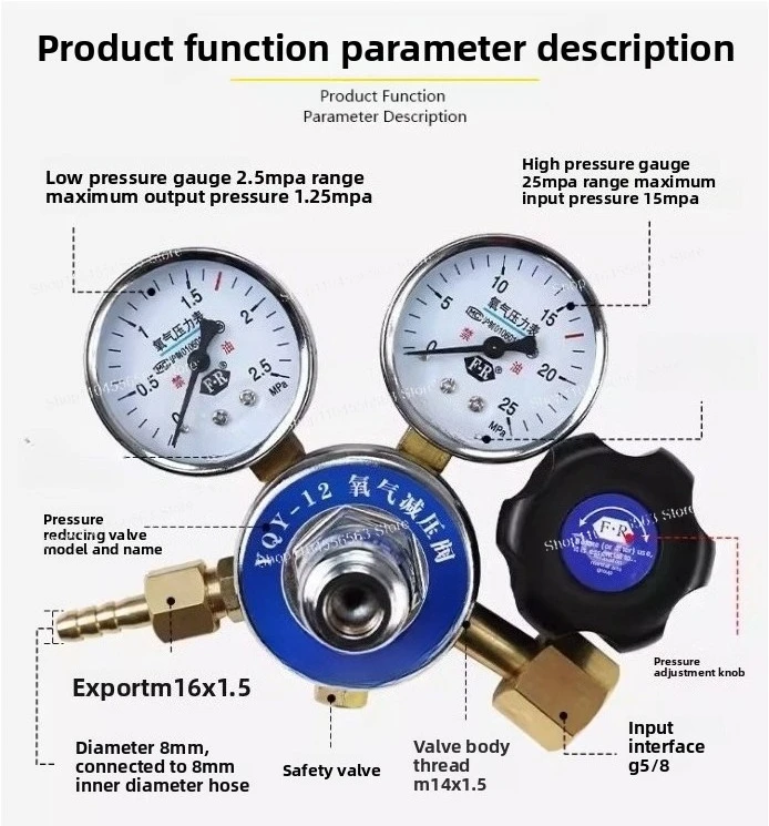 Oxygen Pressure Regulator YQY-12 YQY-12X YQY-12A with All Copper Pressure Gauge and Quick Connector for Gas Cylinder