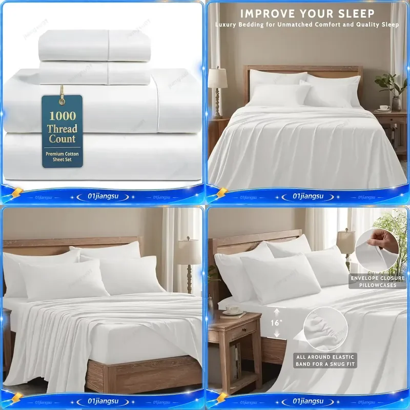 Luxury Egyptian Cotton Bed Sheets Set 1000 Thread Count Long Staple Cotton Fitted Sheet Flat Sheet Pillowcase Soft Breathable