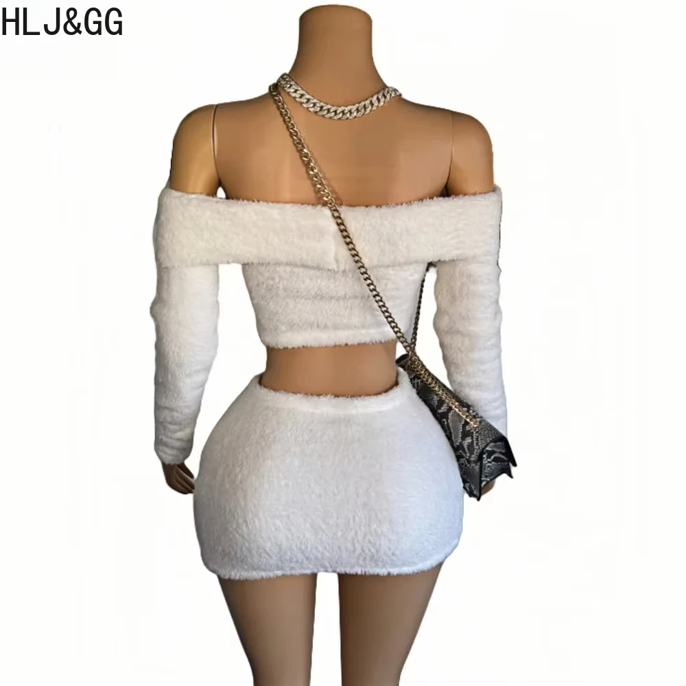 HLJ&GG Bont Sexy Off Schouder Tweedelige Sets Vrouwen Lange Mouw Backless Slim Crop Top + Mini Rokken outfits Mode 2 stks Kleding