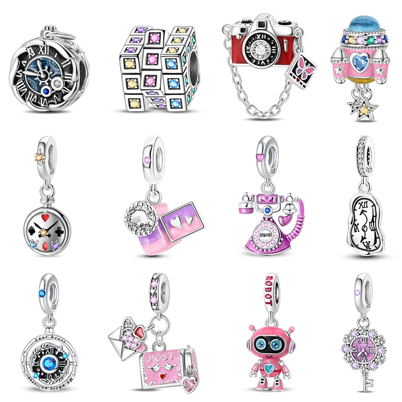 

New 925 Sterling Silver Time Robot Time Travel Clock Charms Beads Fit 3mm 925 Original Bracelets DIY Jewelry Birthday Gift