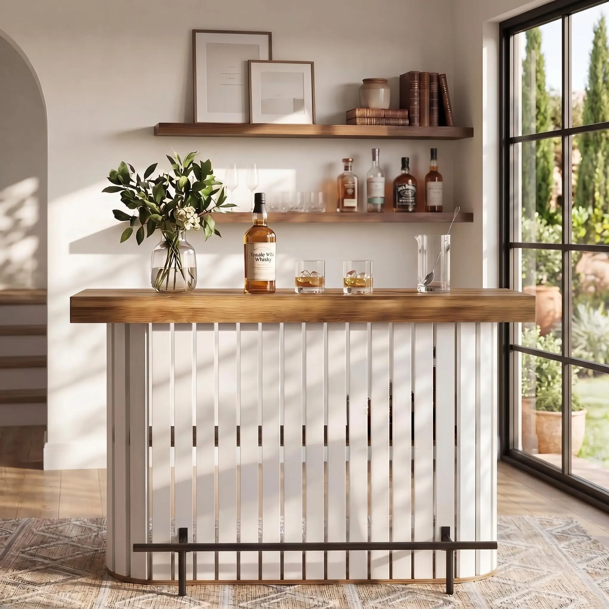 

63 Inch Bar Table With 2-Tier Storage White Slatted Design Oak Top Home Pub Dining Table For 4-6 People