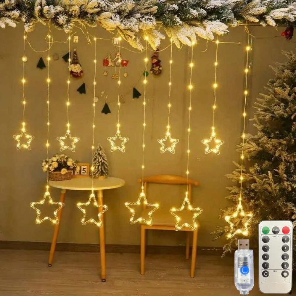 1PC Christmas Curtain Lights, Star Snowflake Tree Elk Bell Window String Lights, USB Powered Fairy Lights for Home Bedroom Decor