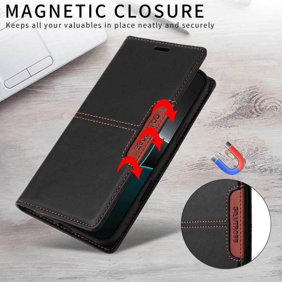 Funda Magnética de Cuero para iPhone 16 15 14 13 12 11 17 Pro Max 17Air 16 15 Plus 16e SE2 SE3 Billetera de Negocios con Ranura para Tarjetas 4