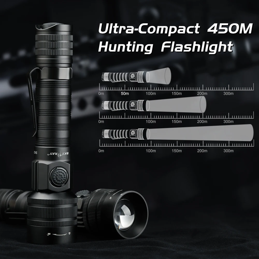 SKYRAY SK35 1430 لومن مصباح يدوي تكتيكي 18650 مصباح صيد محمول تكبير دوار USB C شعلة قابلة لإعادة الشحن مع مفتاح مزدوج