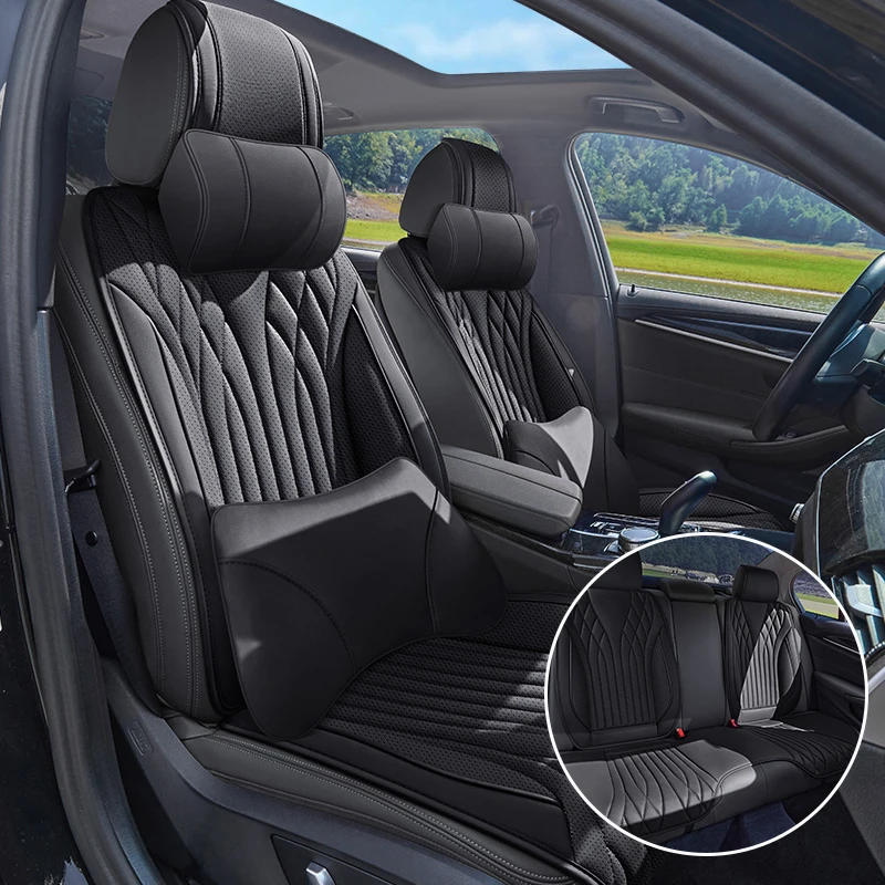 (Luxury Edition) the Car Has Five Seats, Equipped with 2 Soft Headrests and 2 Comfortable Lumbar Supports, Simple and Luxurious Pu Leather Car Seat Cushions, with a Fine Texture, Comfortable to Sit On, Breathable and Not Stuffy, Suitable for All Seasons, Fits the Seat Well, Non-Slip and Does Not Shift Easily, Simple and Convenient Installation, Available in 6 Colors, Suitable for Various Models Such as Sedans, Suvs, Trucks