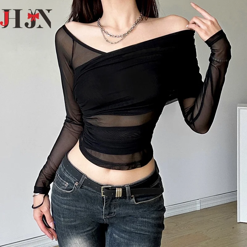 Gaono Multi-wear Mesh Sheer Crop Tops Korean Elegant Off the Shoulder T-shirt Chic Women Long Sleeves Slim Fit Cover-Ups Tees