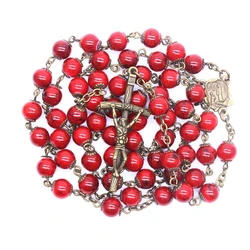 QIGO Antique Bronze Rose Cross Rosary Necklace Glass Beads With Cup Religious Jewelry