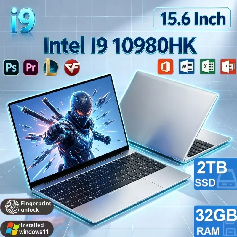 15.6 Inch High Performance Notebook Intel Core I9-10980HK 32GB RAM 2TB SSD Win11 Fingerprint Unlock WiFi6 BT5.2 Gaming Laptop PC