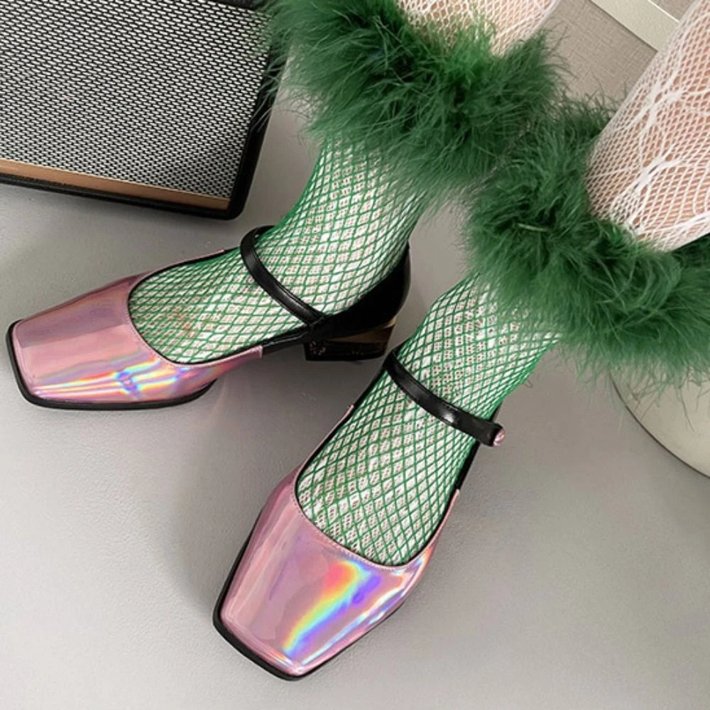 Harajuku شبكة ريشة جوارب شبكية شبكة مشرق اللون منتصف جوارب أنبوبية كشكش المرقعة الجوارب النساء Y2K مهرجان الموسيقى