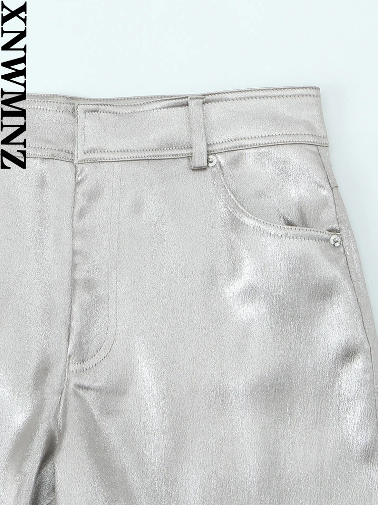 XNWMNZ 2024 pantaloni da donna in raso metallizzato con cerniera a vita alta da donna pantaloni femminili versatili