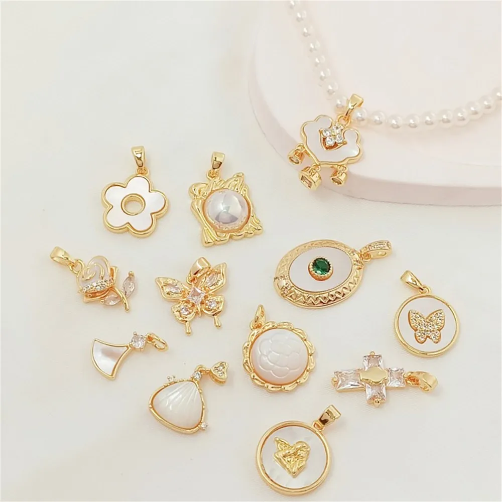 18K Gold-plated, Zirconium-inlaid, Mother-of-pearl, Sunflower, Scallop, Oval Butterfly Pendant, DIY Handmade Jewelry Accessory