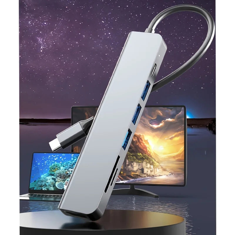 Type-C to HDTV 7in1 USB3.0 Hub 100W PD Charging 3 USB 3.0 Ports SD TF Card Reader 160MB/s for MacBook Pro iMac S23 XPS17 Android