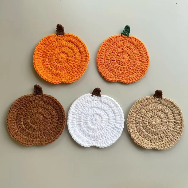 Handmade Crochet Pumpkin Coaster Autumn Winter Home Decor Knitted Cup Mat Heat Insulation Pad Kitchen Table Accessories Gift