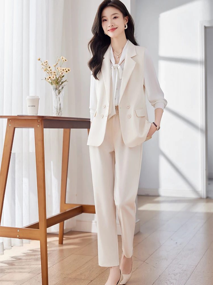 Black Coffee Beige Vest and Pant Suit Women Slim Sleeveless Blazer Trouser Two Pieces Set for Office Ladies Business Work Wear