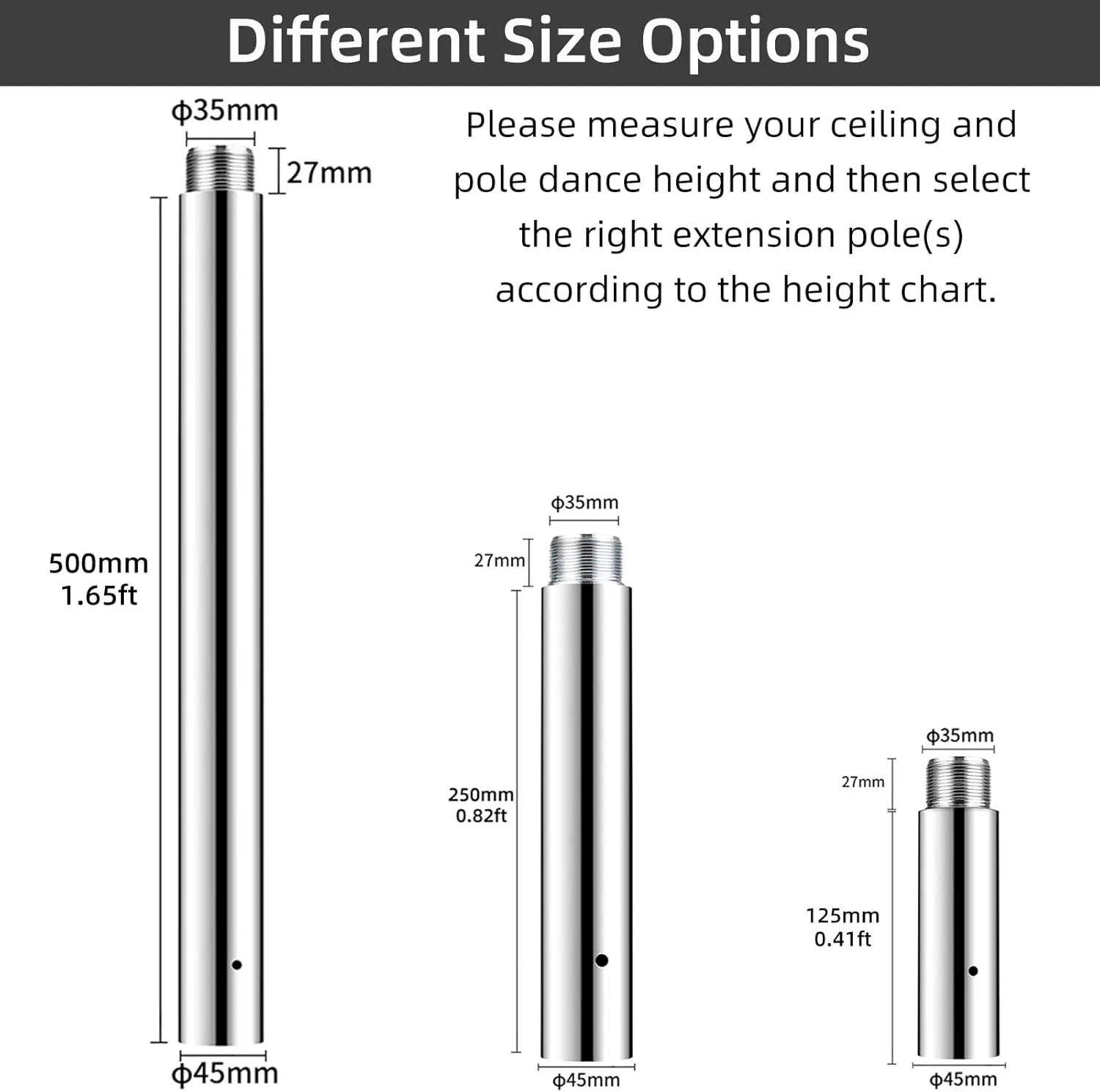 45mm ダンスポール用 125/250/500mm または 5”/10”/20”ポールダンスアクセサリーチューブ、ダンスポール接続用チタン調整高さ