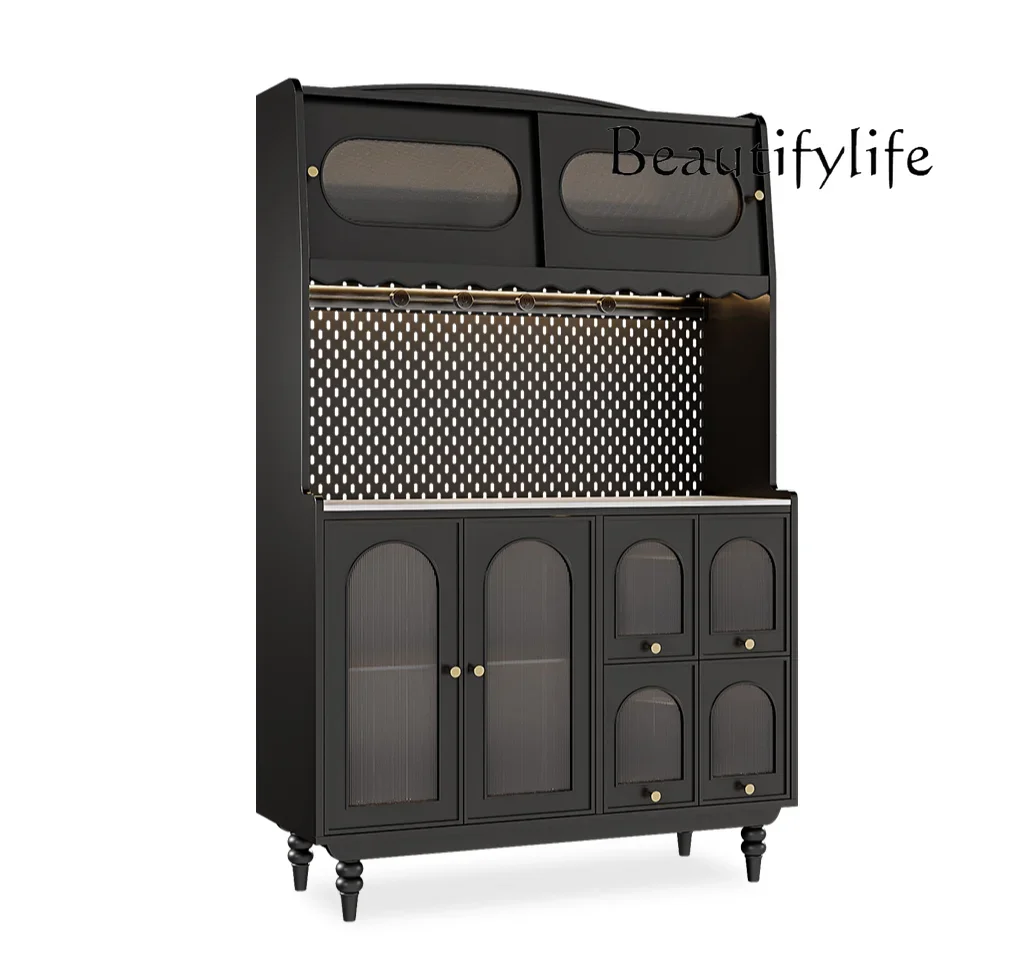 

French Retro Solid Wood Black Dining Kitchen Multi-Function Storage Cabinet Light with Wine Cabinet