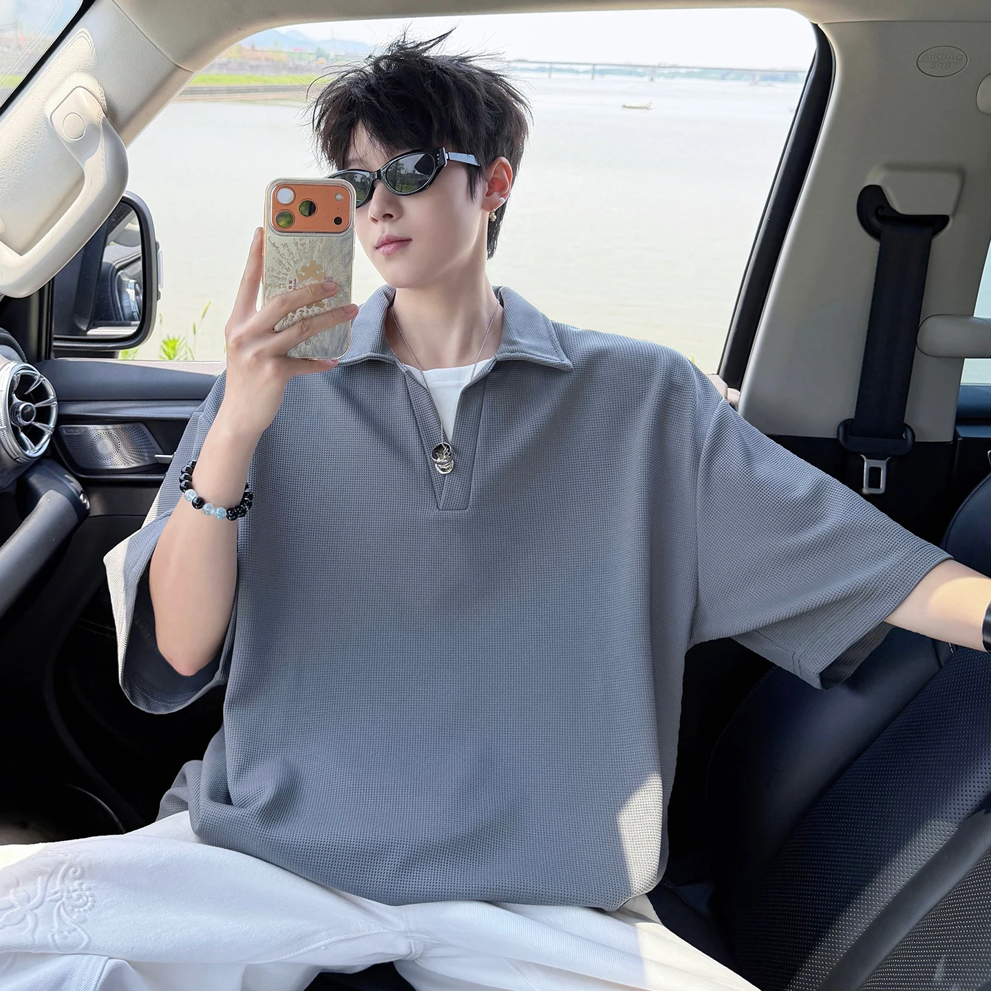 Summer New Style Men's Two-Piece V-Neck Short-Sleeved T-Shirt with Collar and Half Sleeve- Loose Fit