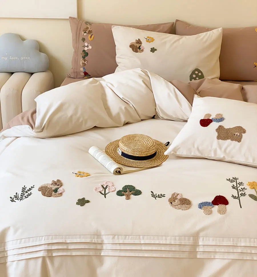 Cute cartoon embroidery squirrel rabbit bear bedding set,full queen king cotton home textile bed sheet pillow case duvet cover