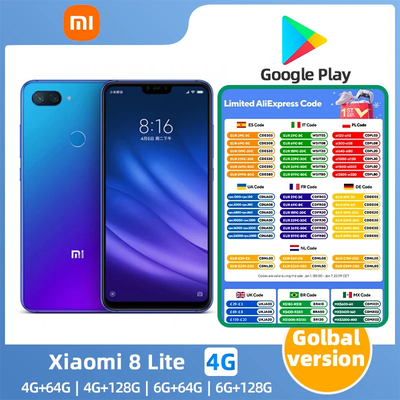 Original Xiaomi 8 lite Smartphone googleplay Mobile Phone 6.26inch RAM 6G ROM 128G 3350mAh Battery used phone