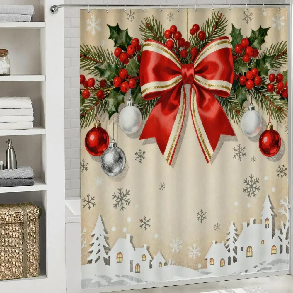 1pc Christmas Wreath with Bow, Ornaments, Holly and Snowy Village Illustration Shower Curtain Bathroom Shower Curtain