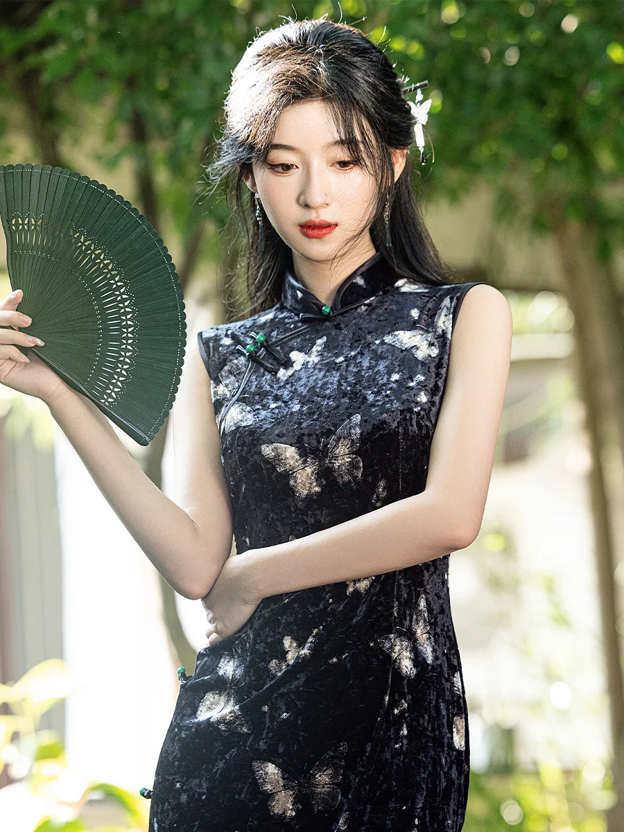 Golden Velvet Sleeveless Thin Sexy Cheongsam Autumn New Butterfly Print Black Slim Qipao Dress China-Chic Women's Cheongsam