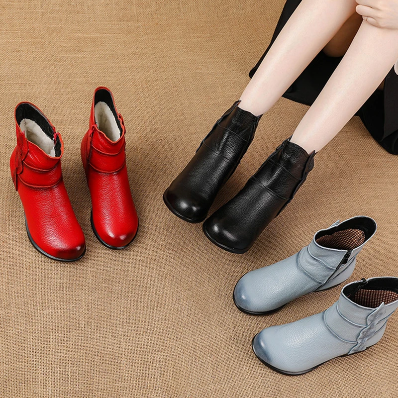 Anti-Slip Ethnic Style Women Low-Heel Leather Boots With Cotton And Velvet Insulation Genuine Leather Winter New Soft Boots