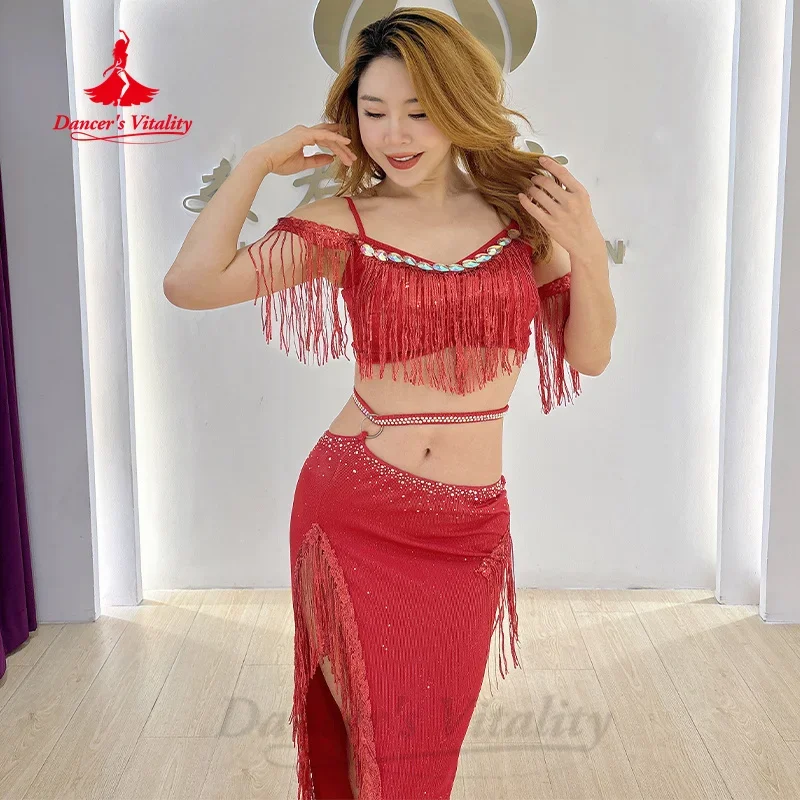 Tenue de danse du ventre pour femmes, haut de luxe personnalisé avec strass + jupe longue Sexy, 2 pièces, vêtements de pratique professionnelle pour adultes et enfants
