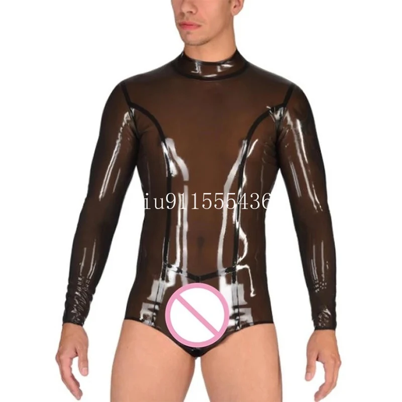 

Sexy Handmade Latex Swimsuit Catsuit Transparent Black with Black Trims Tight Back Zipper Bodysuit for Men