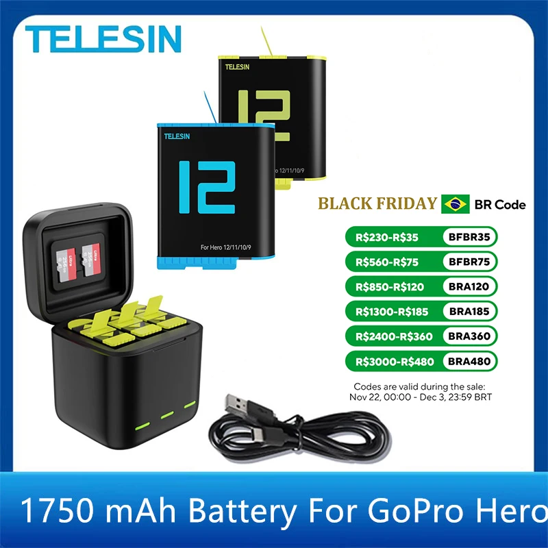 TELESIN 1750 mAh Battery For GoPro Hero 12 11 10 9 3 Ways Fast Charger Box TF Card Storage For GoPro Hero Action Camera Accessor