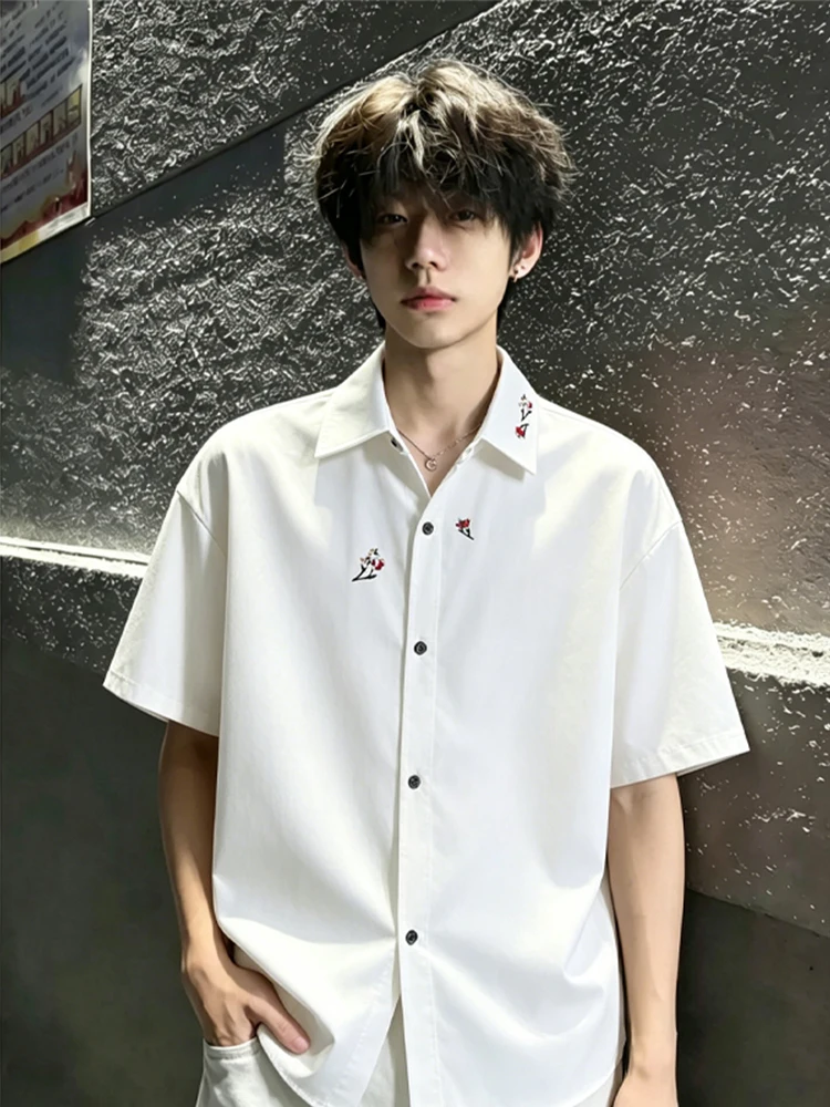 American Style Floral Embroidery Ice Silk Short Sleeve Men's Shirt Summer High Sensation Sun Protection Lightweight Casual Ou...